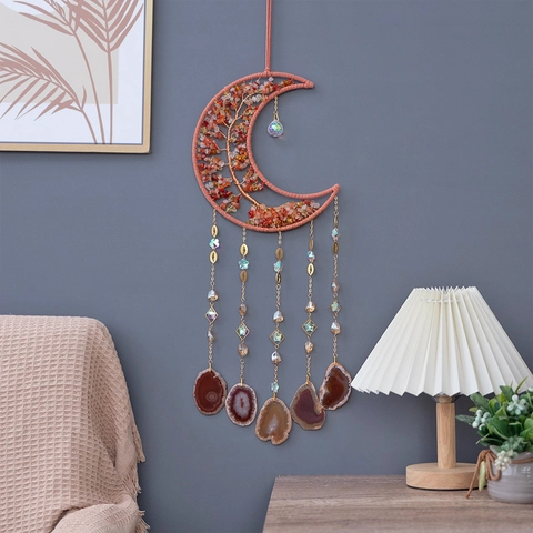 Decorazione da Parete Bohemien Luna Albero Della Vita Fette di Agata Naturale Frammenti di Cristallo Acchiappasogni Casa Arte