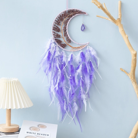Acchiappasogni Luna Albero Della Vita Viola Con Pendente In Agata E Quarzo Fragola Piume Decorazione Da Parete Regalo Casa