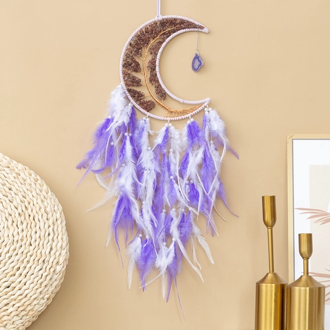 Acchiappasogni Luna Albero Della Vita Viola Con Pendente In Agata E Quarzo Fragola Piume Decorazione Da Parete Regalo Casa