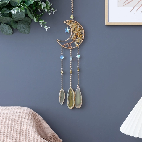 Moon Tree Of Life Hanging Decoration Citrine Yellow Crystal Agate Slices Handmade Bohemian Sun Catcher Home Wall Decor
