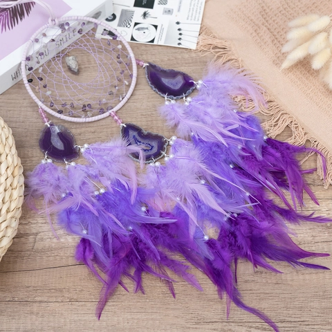 Capteur De Rêves Violet Avec Tranches D'agate Améthyste Et Plumes Décoration Murale Bohème Fait Main Ornement Mystique