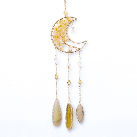 Moon Tree Of Life Hanging Decoration Citrine Yellow Crystal Agate Slices Handmade Bohemian Sun Catcher Home Wall Decor