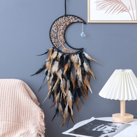 Acchiappasogni Luna Da Appendere Alla Parete Albero Della Vita Pietre Di Cristallo Piume Naturali Decorazione Boho