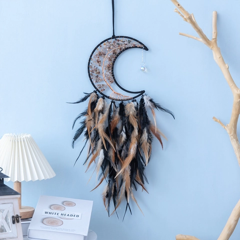 Acchiappasogni Luna Da Appendere Alla Parete Albero Della Vita Pietre Di Cristallo Piume Naturali Decorazione Boho