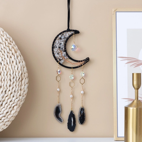 Mond Traumfänger Wanddeko Mit Natürlichen Achat Scheiben Kristallstein Lebensbaum Kupferdraht Handgefertigt Boho Stil Haus Ornament