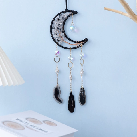 Mond Traumfänger Wanddeko Mit Natürlichen Achat Scheiben Kristallstein Lebensbaum Kupferdraht Handgefertigt Boho Stil Haus Ornament