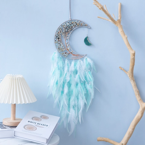 Moon Dreamcatcher Tree Of Life Natural Crushed Stones Hand-Woven Feather Wall Hanging Bohemian Room Decor Gift