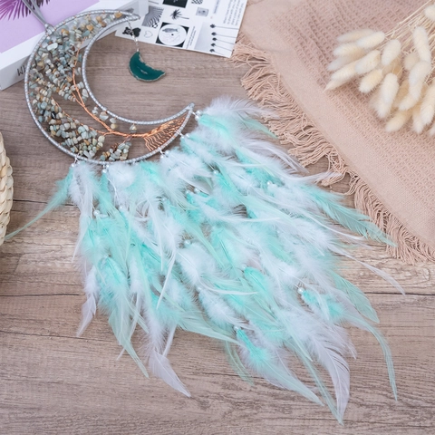 Moon Dreamcatcher Tree Of Life Natural Crushed Stones Hand-Woven Feather Wall Hanging Bohemian Room Decor Gift