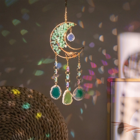 Attrape Soleil Lune Arbre De Vie Décoration Suspendue Aventurine Verte Tranches Agate Perles Cristal Boho Maison Jardin
