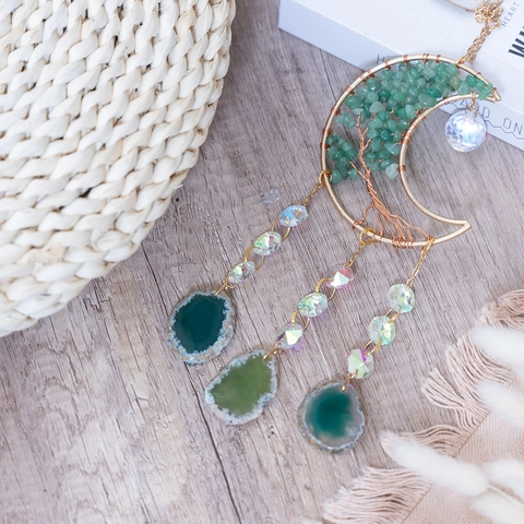 Attrape Soleil Lune Arbre De Vie Décoration Suspendue Aventurine Verte Tranches Agate Perles Cristal Boho Maison Jardin