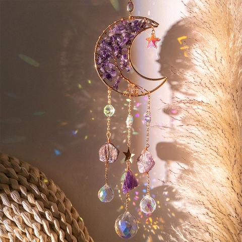 Natural Amethyst Moon Tree Of Life Sun Catcher Hanging Decor With Crystal Ball Prism For Home Garden Decoration Gift