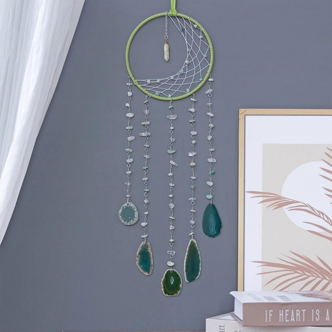 Mond Traumfänger Wandbehang Dekor Mit Natürlichen Grünen Achatscheiben Und Kristallsteinen Im Boho Nordischen Stil