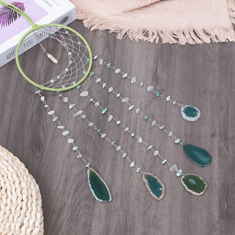 Mond Traumfänger Wandbehang Dekor Mit Natürlichen Grünen Achatscheiben Und Kristallsteinen Im Boho Nordischen Stil