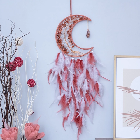 Handgefertigter Mond Traumfänger Mit Lebensbaum Kristallsteinen Und Federn Boho Wandbehang Haus Deko Sonnenfänger