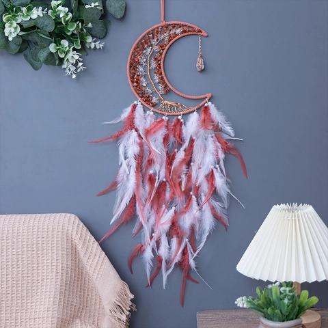 Handgefertigter Mond Traumfänger Mit Lebensbaum Kristallsteinen Und Federn Boho Wandbehang Haus Deko Sonnenfänger