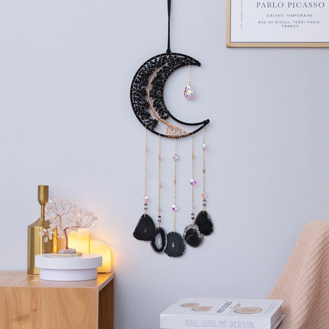 Moon Dream Catcher Wall Hanging Obsidian Tree Of Life Handmade Copper Wire Agate Slice Crystal Beads Bohemian Decor