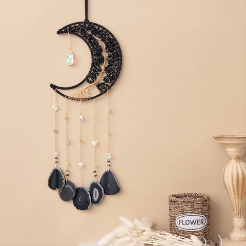 Moon Dream Catcher Wall Hanging Obsidian Tree Of Life Handmade Copper Wire Agate Slice Crystal Beads Bohemian Decor