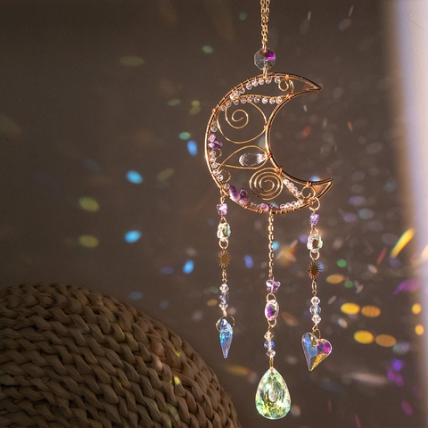 Moon Suncatcher Amethyst Handmade Wire Wrapped Crystal Prism Rainbow Maker Boho Window Hanging Home Decor Ornament