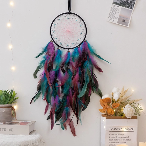 Bohemian Handmade Feather Dreamcatcher Wall Hanging Decor Purple Cyan Beads Woven Dream Catcher For Home Bedroom Living Room Birthday Gift