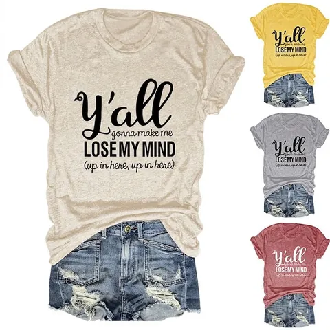 Women Casual Round Neck Short Sleeve T-Shirt Cotton Blend Graphic Slogan Print Loose Oversized Streetwear Top
