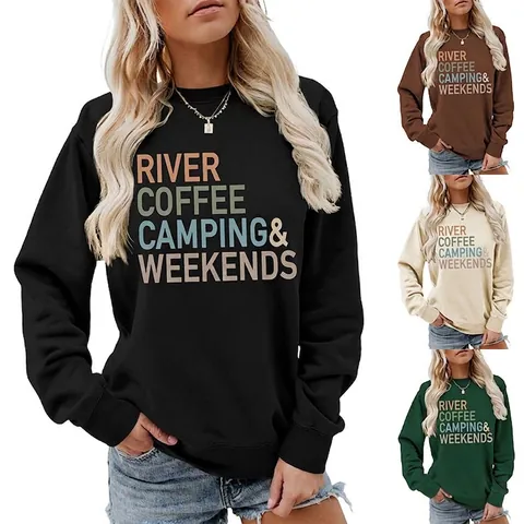 Damen Sweatshirt Rundhals Baumwolle Langarm Buchstabendruck Lässiges Lockeres Pullover Oberteil
