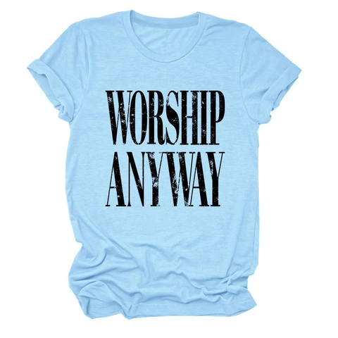 T-Shirt Donna Girocollo Maniche Corte Misto Cotone Allentata Vintage Worship Anyway Stampa Lettere Streetwear Casual Tops