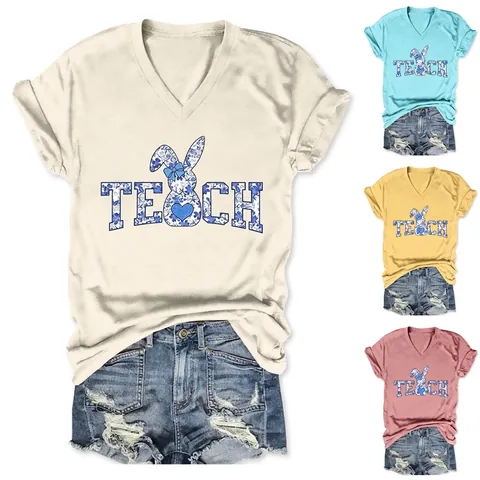 T-Shirt Femme Col En V Manches Courtes Mélange De Coton Décontracté Coupe Ample Motif Lapin Floral Graphique Teach Top Été