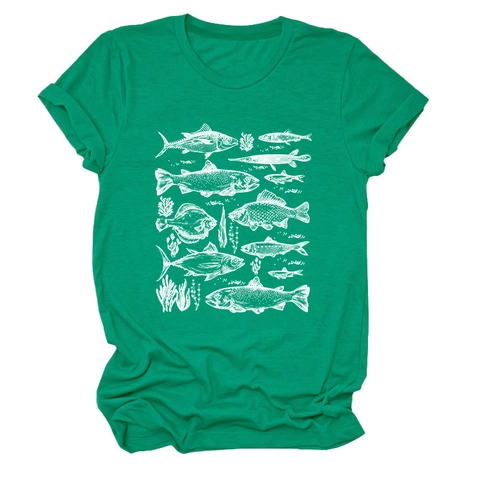 T-Shirt Femme Mélange De Coton Manches Courtes Col Rond Vintage Poisson Illustration Vie Marine Imprimé Décontracté Haut Rétro