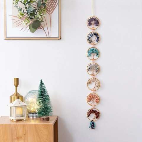 Bohemian Seven Chakra Tree Of Life Hanging Ornament Handmade Natural Crystal Stone Healing Wall Decor Hanging Decoration