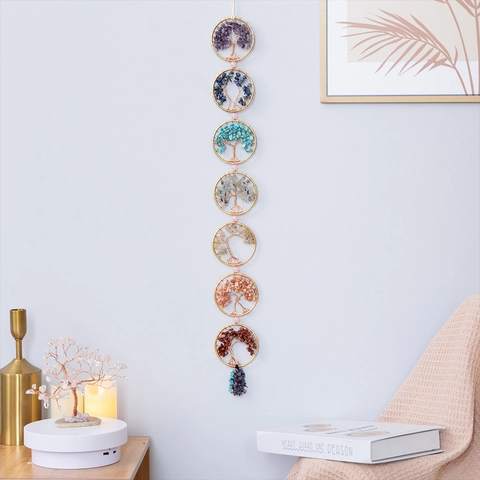Bohemian Seven Chakra Tree Of Life Hanging Ornament Handmade Natural Crystal Stone Healing Wall Decor Hanging Decoration