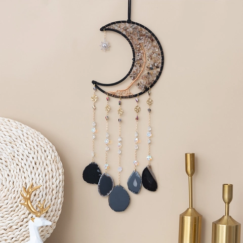 Bohemian Moon Dream Catcher Life Tree Wall Hanging Decor With Agate Slices Natural Stones Crystals Handmade Home Ornament Gift