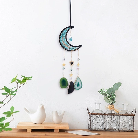 Bohemian Moon Dream Catcher Tree Of Life Turquoise Crushed Stone Natural Agate Slices Hanging Ornament For Home Car Decor