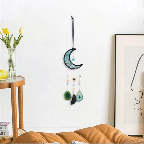 Bohemian Moon Dream Catcher Tree Of Life Turquoise Crushed Stone Natural Agate Slices Hanging Ornament For Home Car Decor