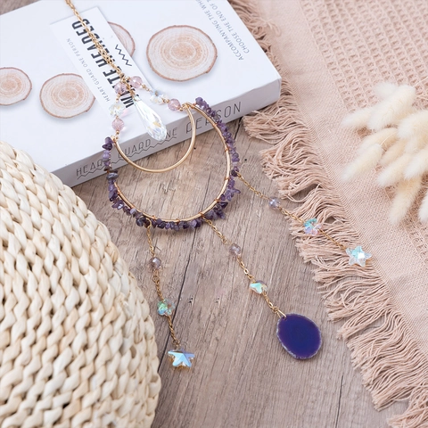 Handgefertigter Amethyst Mond Sonnenfänger Hängedekoration Mit Lila Achatscheibe Boho Gold Metall Fenster Garten Deko
