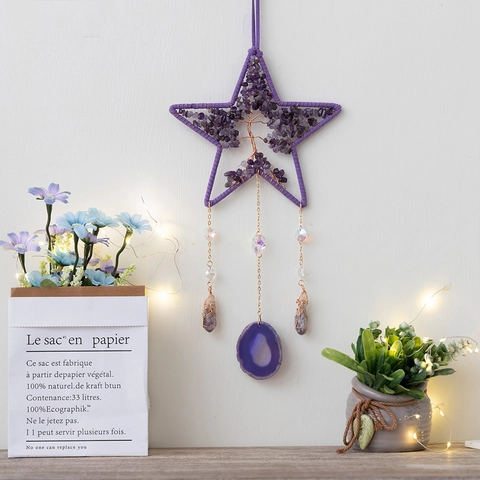 Handgefertigter Amethyst Lebensbaum Stern Drahtumwickelter Hängende Dekoration Mit Achatscheibe Boho Kristall Windspiel Wanddeko