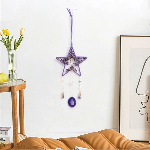 Handgefertigter Amethyst Lebensbaum Stern Drahtumwickelter Hängende Dekoration Mit Achatscheibe Boho Kristall Windspiel Wanddeko