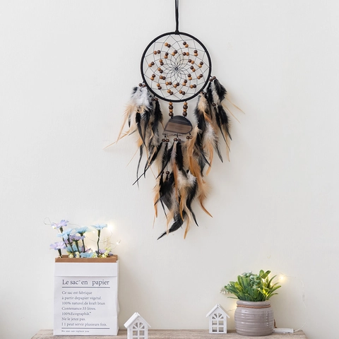 Boho Handgefertigter Traumfänger Mit Naturachat-Scheibe Feder Holzperlen Wandbehang Heimdekoration Ornament
