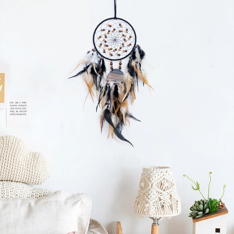 Boho Handgefertigter Traumfänger Mit Naturachat-Scheibe Feder Holzperlen Wandbehang Heimdekoration Ornament