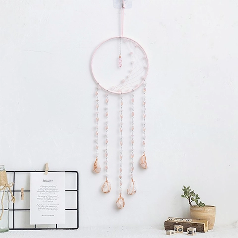 Handgefertigter Rosa Kristall Traumfänger Wandbehang Rohstein Drahtumwickelt Boho Mond Ornament Heilstein Garten Haus Dekor