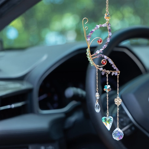 Handmade Butterfly Suncatcher With Amethyst Gravel Iron Wire Wrap Hanging Crystal Prism For Home Car Decor Window Ornament Gift