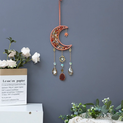Handmade Moon Tree of Life Dream Catcher Wall Hanging Decor With Crystal Agate Stone Copper Boho Home Bedroom Ornament Gift