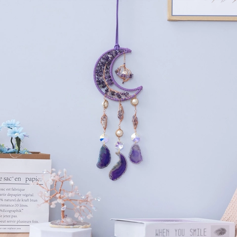 Moon Shaped Dream Catcher Wall Hanging Purple Amethyst Crystal Life Tree With Agate Slices Artificial Pearls Handmade Home Decor