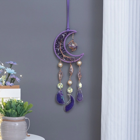 Moon Shaped Dream Catcher Wall Hanging Purple Amethyst Crystal Life Tree With Agate Slices Artificial Pearls Handmade Home Decor