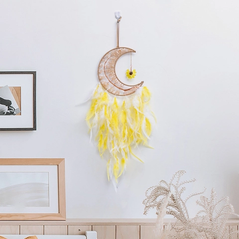 Moon Dream Catcher Citrine Tree Of Life Wall Hanging Yellow White Feathers Sunflower Pendant Bohemian Home Decor Gift