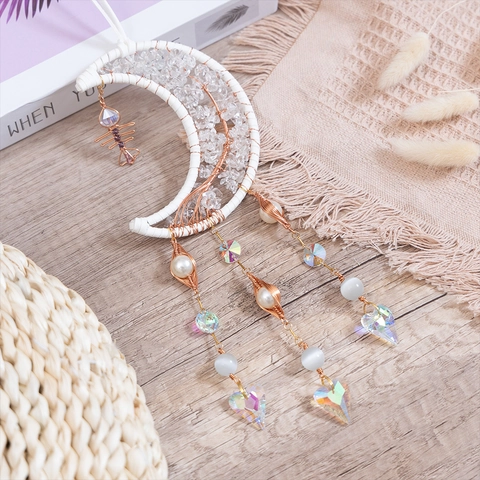 Handmade Moon Tree Of Life Crystal Dream Catcher Wall Hanging Decor For Bedroom Home Garden Suncatcher Ornament Gift