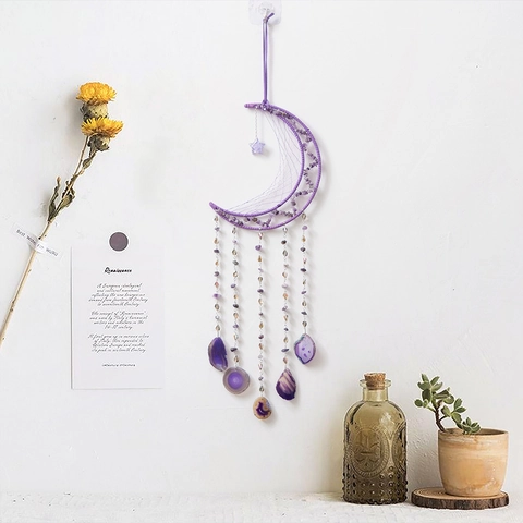 Bohemian Purple Moon Dream Catcher Wall Hanging Decor With Amethyst Chips Agate Slices Natural Stone Spiritual Ornament