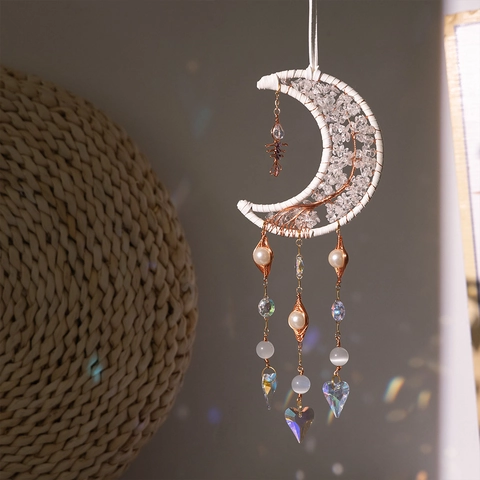 Handmade Moon Tree Of Life Crystal Dream Catcher Wall Hanging Decor For Bedroom Home Garden Suncatcher Ornament Gift