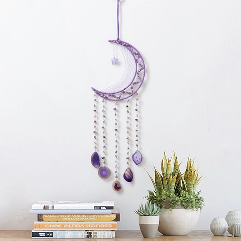 Bohemian Purple Moon Dream Catcher Wall Hanging Decor With Amethyst Chips Agate Slices Natural Stone Spiritual Ornament