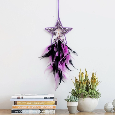 Acchiappasogni A Forma Di Stella Da Parete Con Albero Della Vita In Ametista E Piume Viola Nere Decorazione Boho
