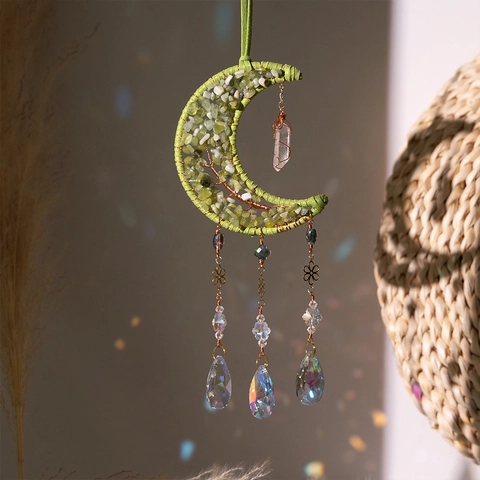 Mond Suncatcher Grüner Lebensbaum Hängende Dekoration Mit Kristallprisma Anhänger Boho Fensterdeko Handgefertigtes Geschenk